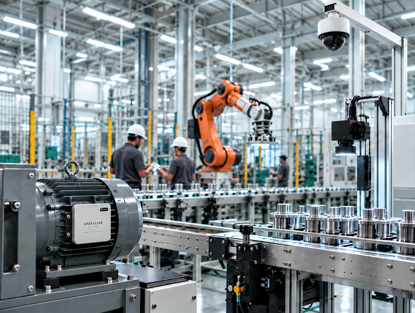 Connected factory with a monitored motor, robot arm, workers and industrial cameras