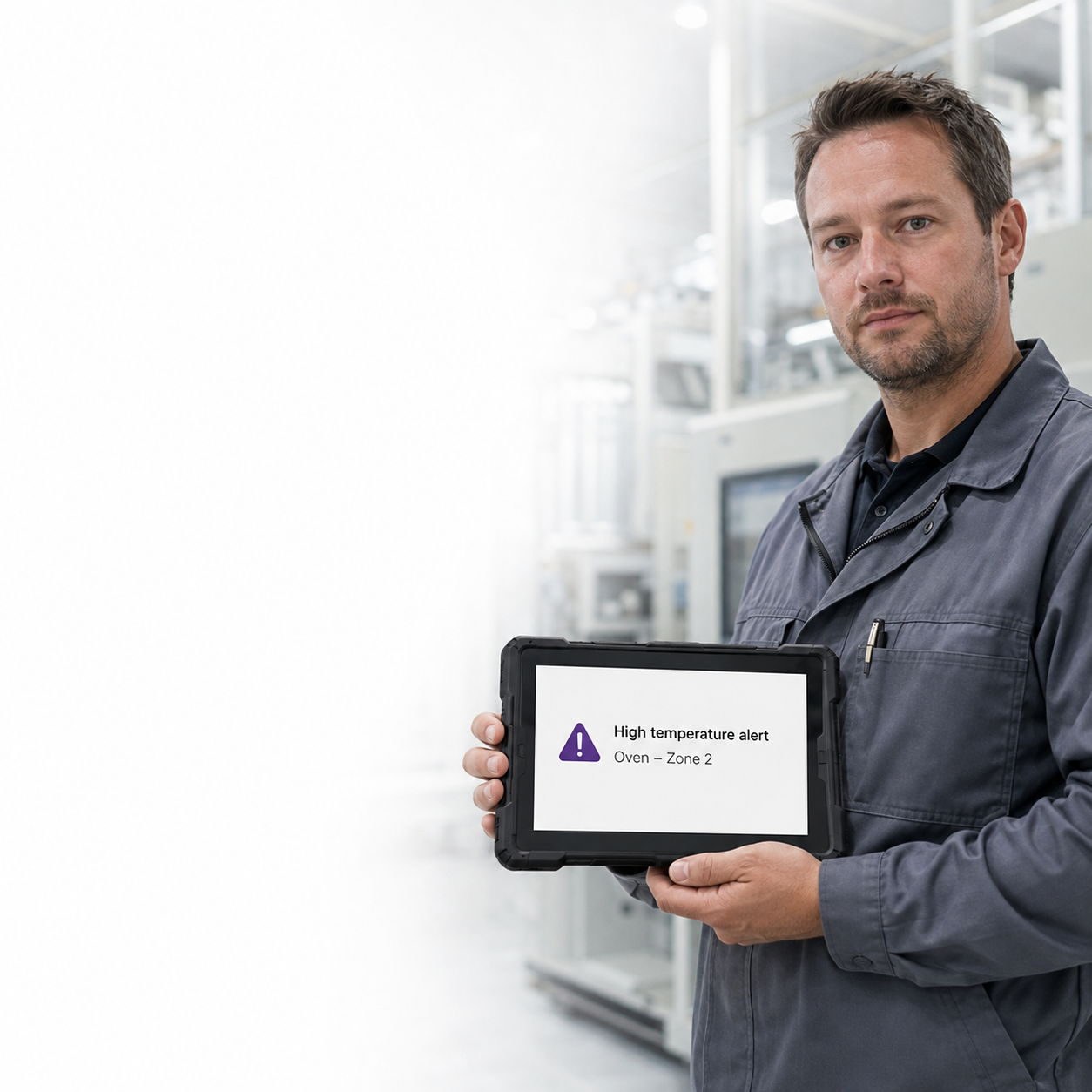 Factory operator holding a tablet displaying a high-temperature alert
