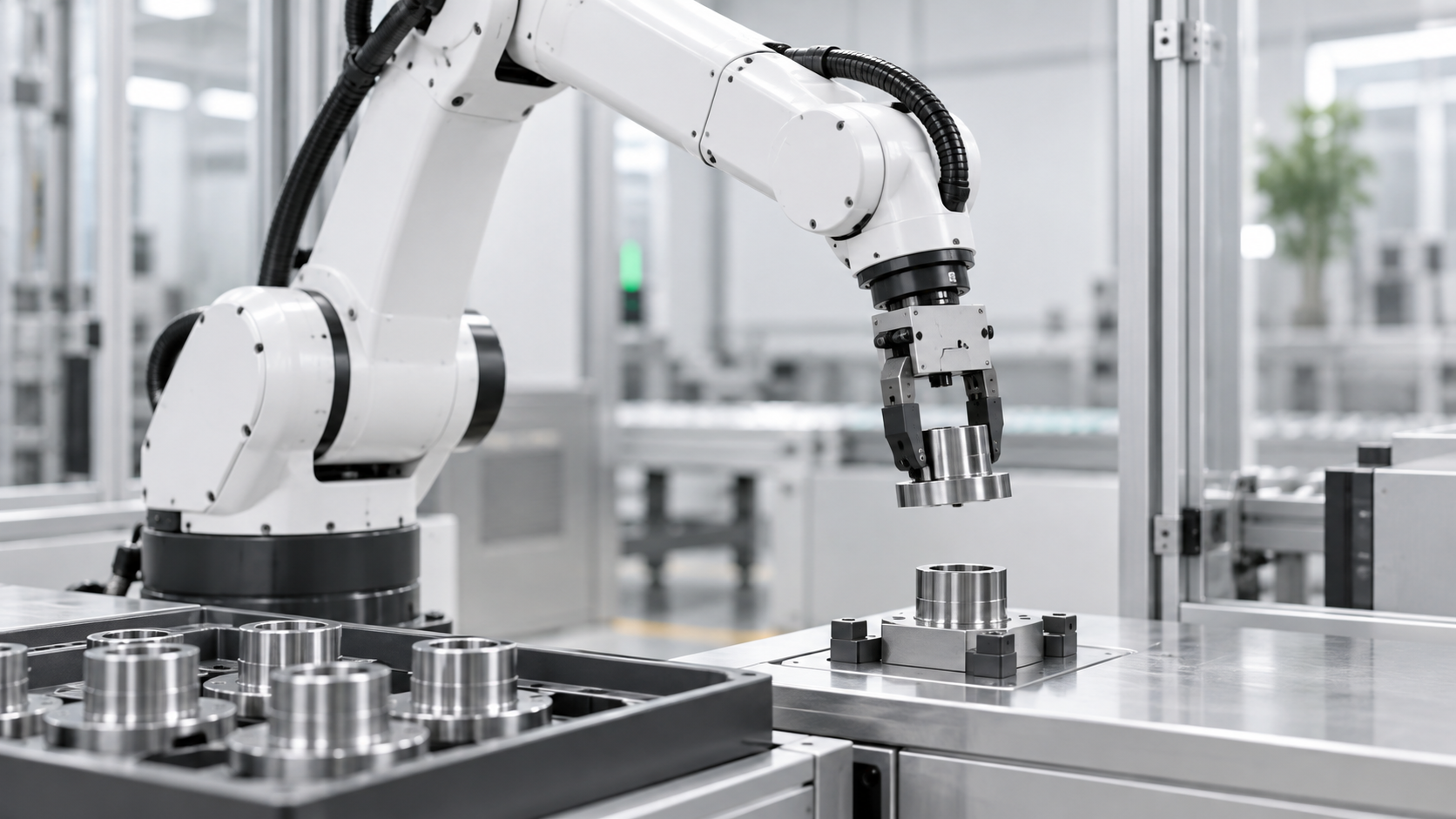 White industrial robot picking and placing a precision metal component