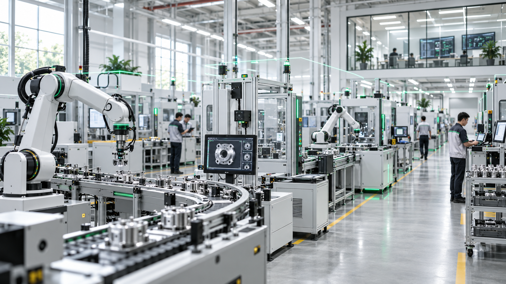 Connected factory floor with machines, operators and automated material movement