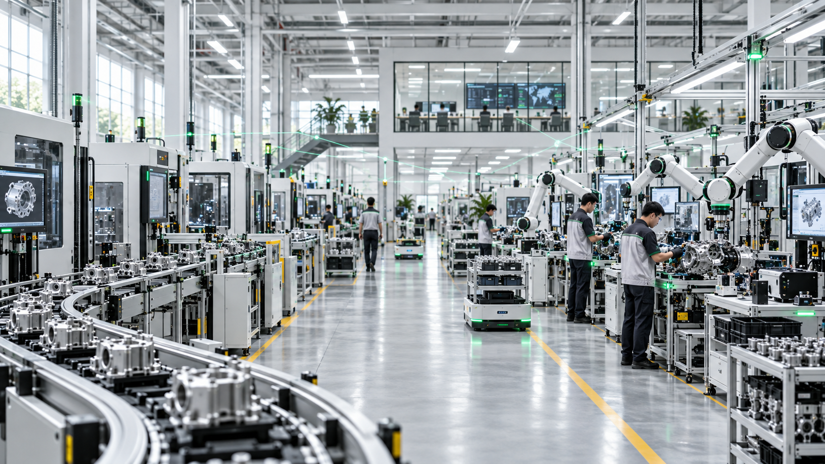 Connected machines, operators and production activity working continuously across the factory floor.