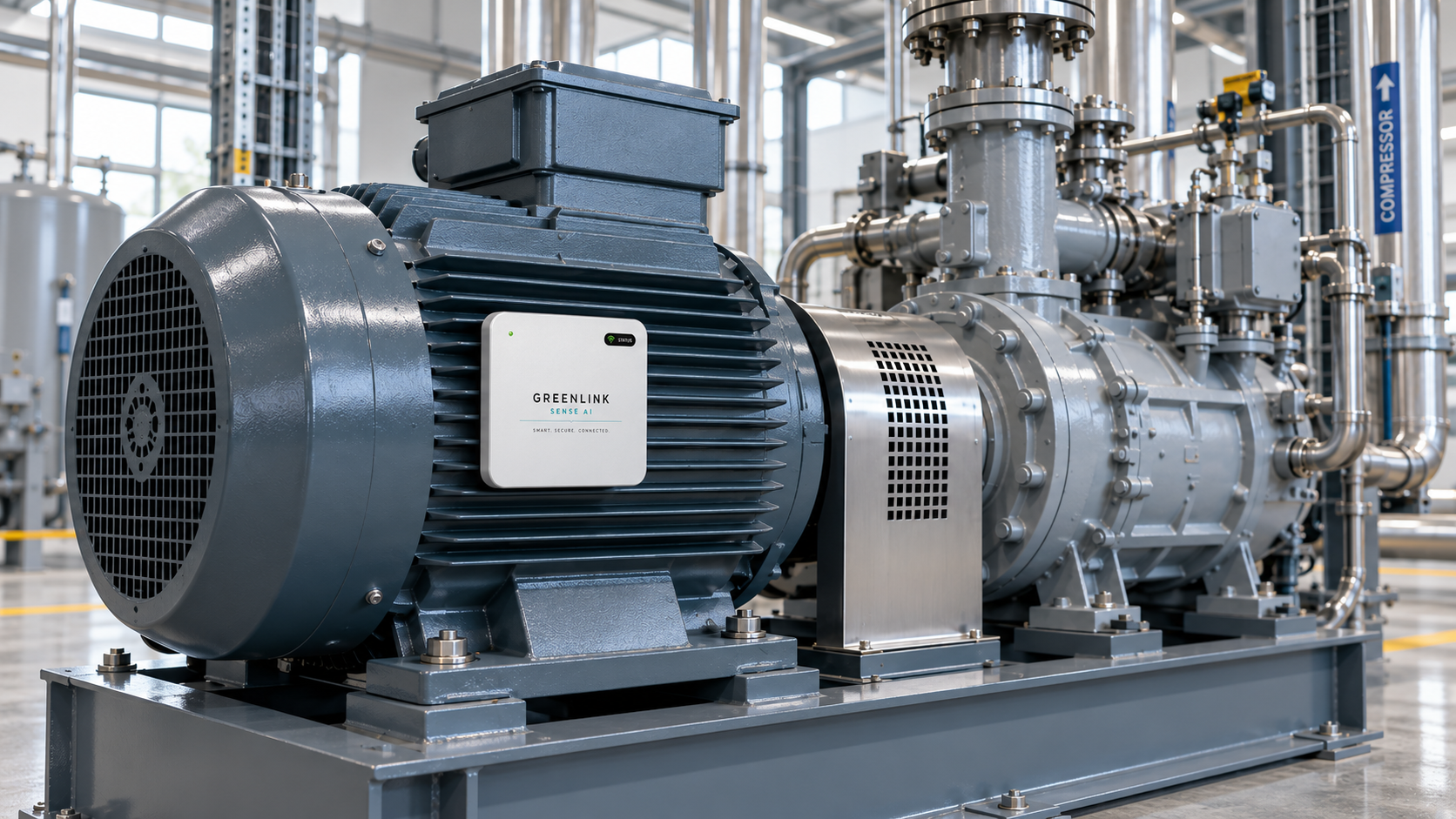 Industrial compressor drive with Greenlink Sense AI mounted on the motor side