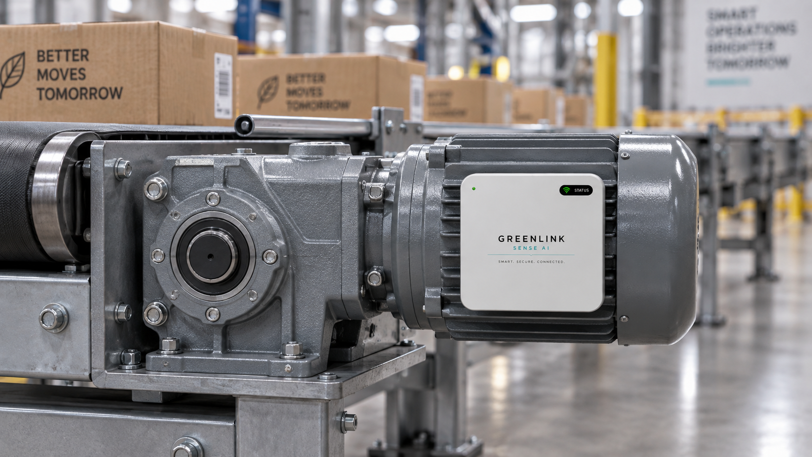 Conveyor gearbox and geared motor with side-mounted Greenlink Sense AI