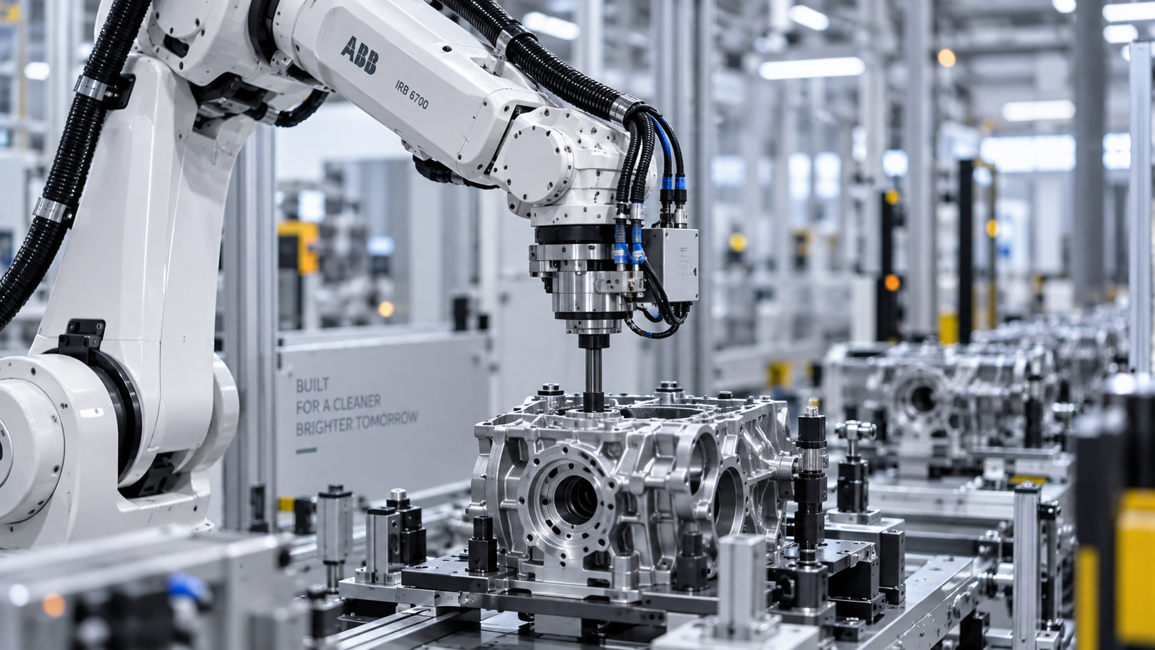 Industrial robots performing repeatable precision assembly operations alongside the manufacturing line.