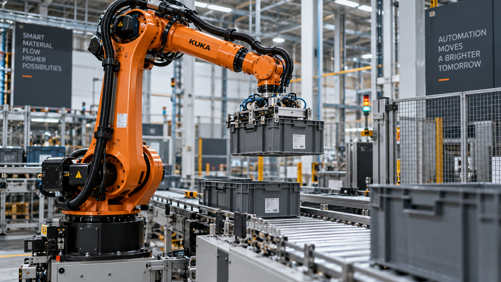 Robot systems moving components, parts or materials between production stages.