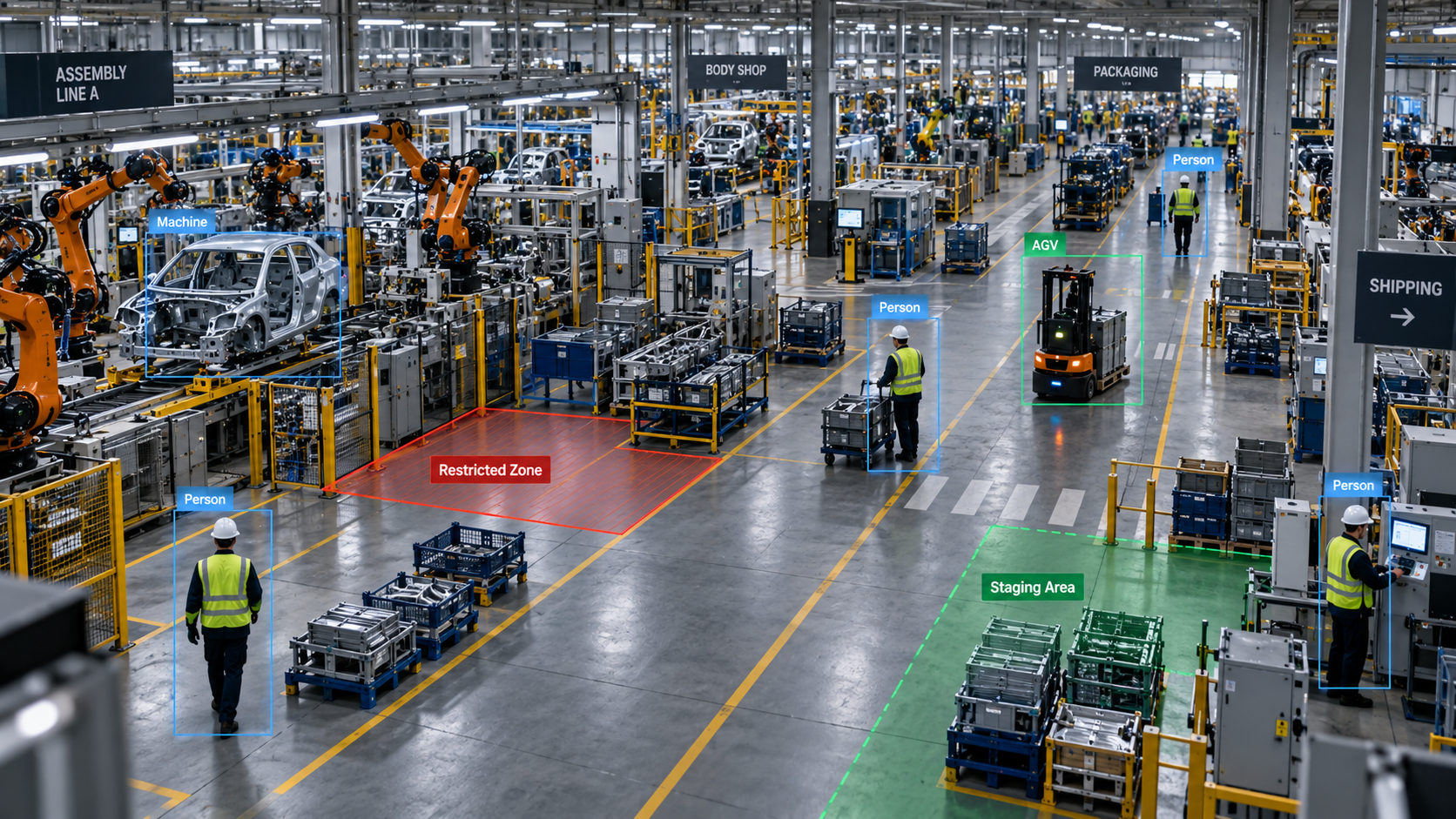 Warehouse camera view with illustrative detection overlay