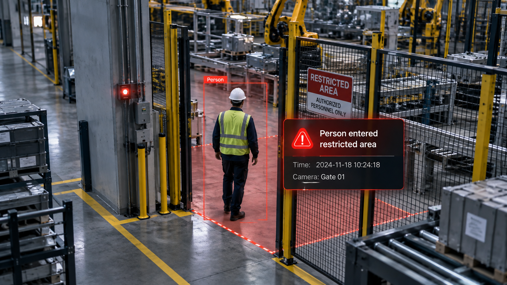 Warehouse camera view with illustrative detection overlay