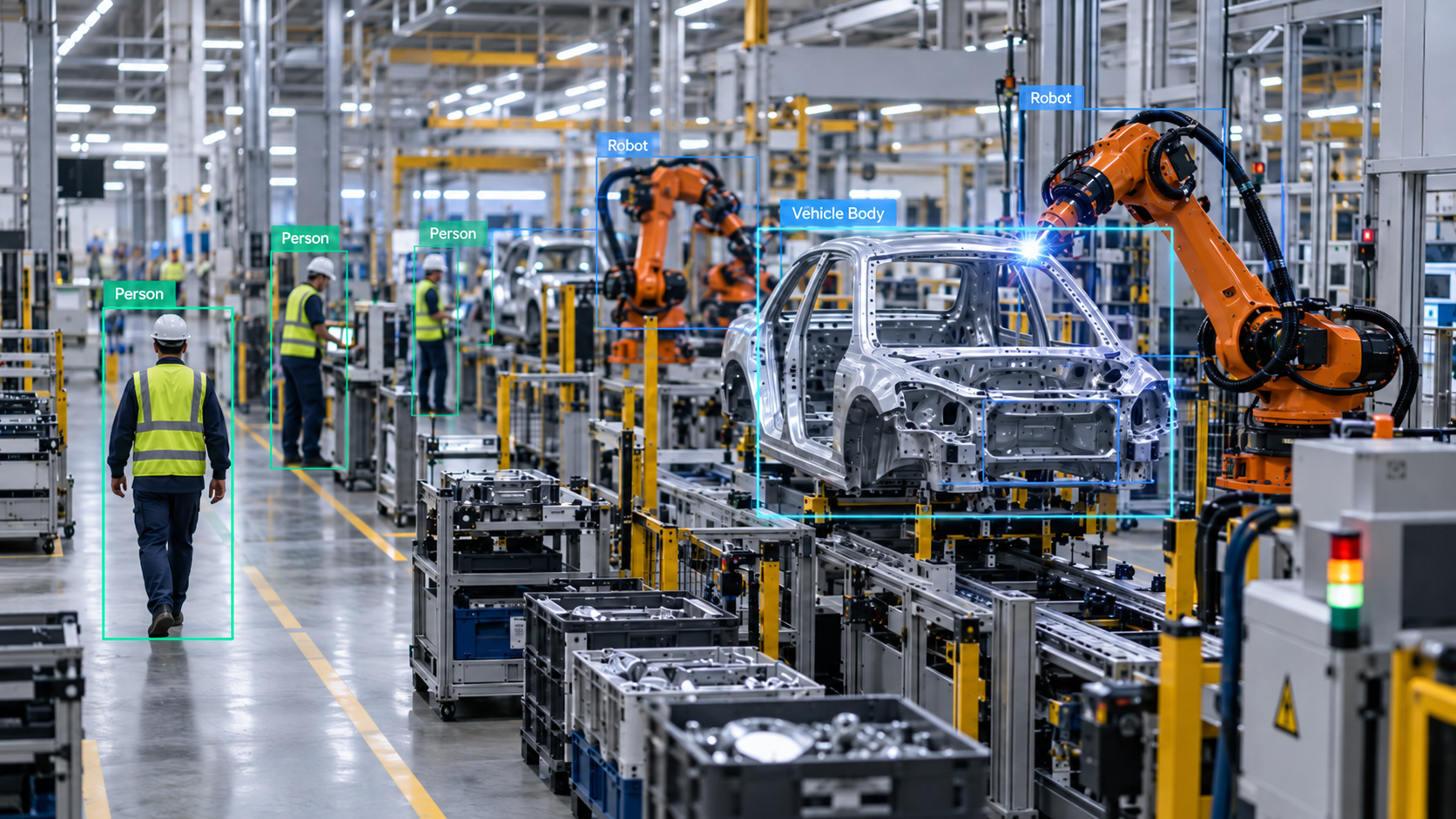 Industrial production floor with camera and robotics
