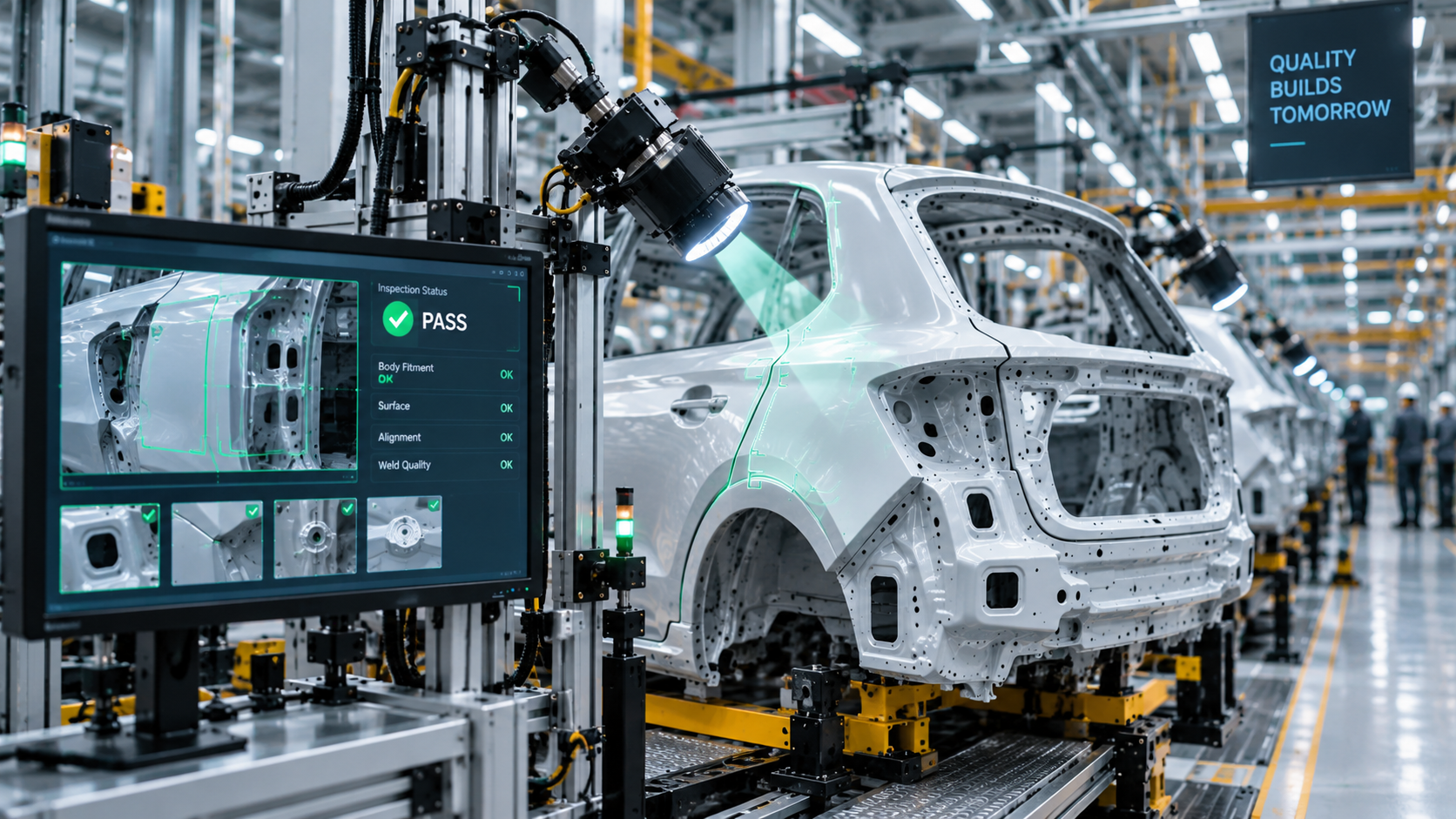 Industrial cameras inspecting an automotive body on an assembly line