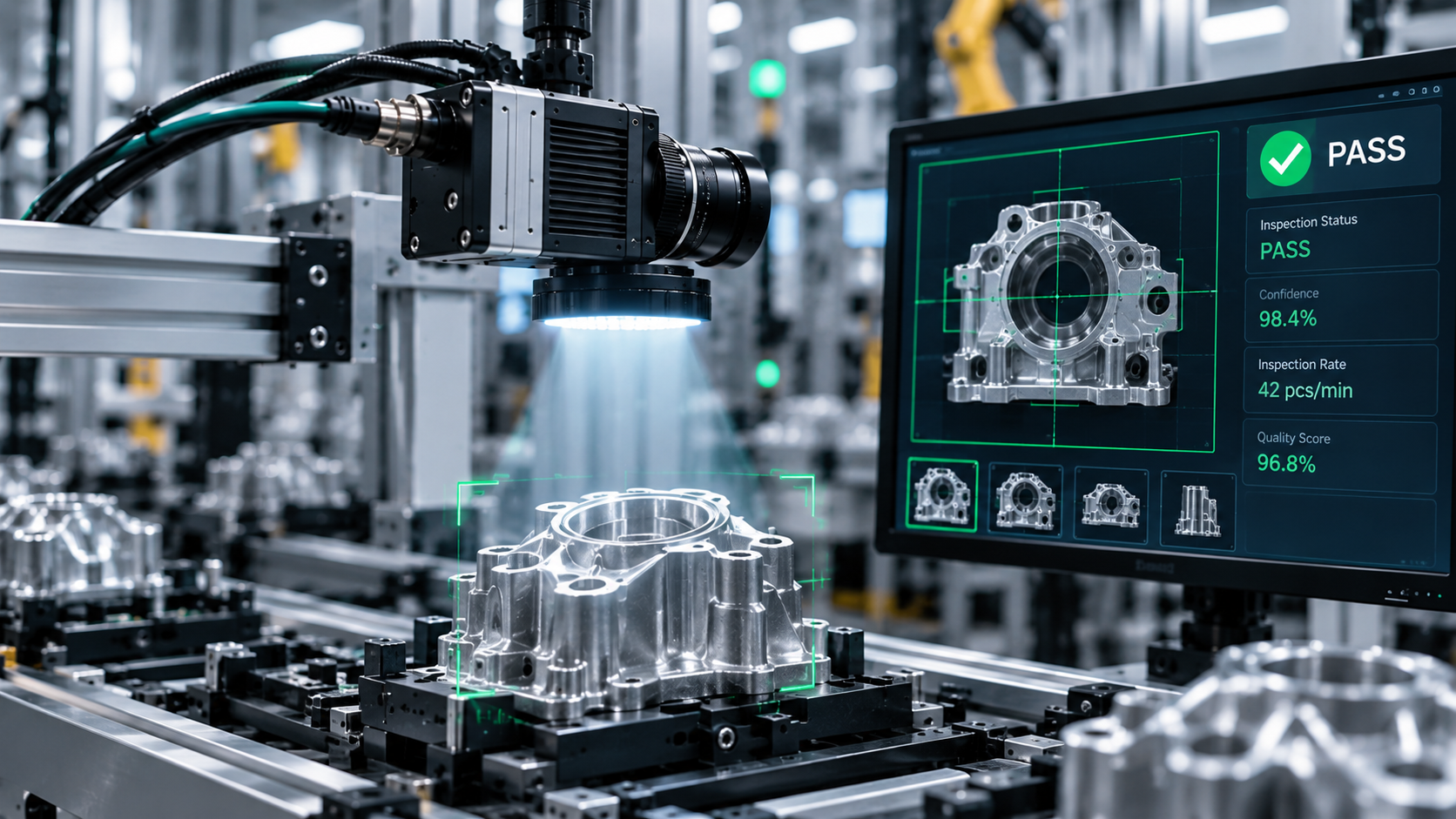 Industrial camera inspecting circuit boards with quality results on a monitor