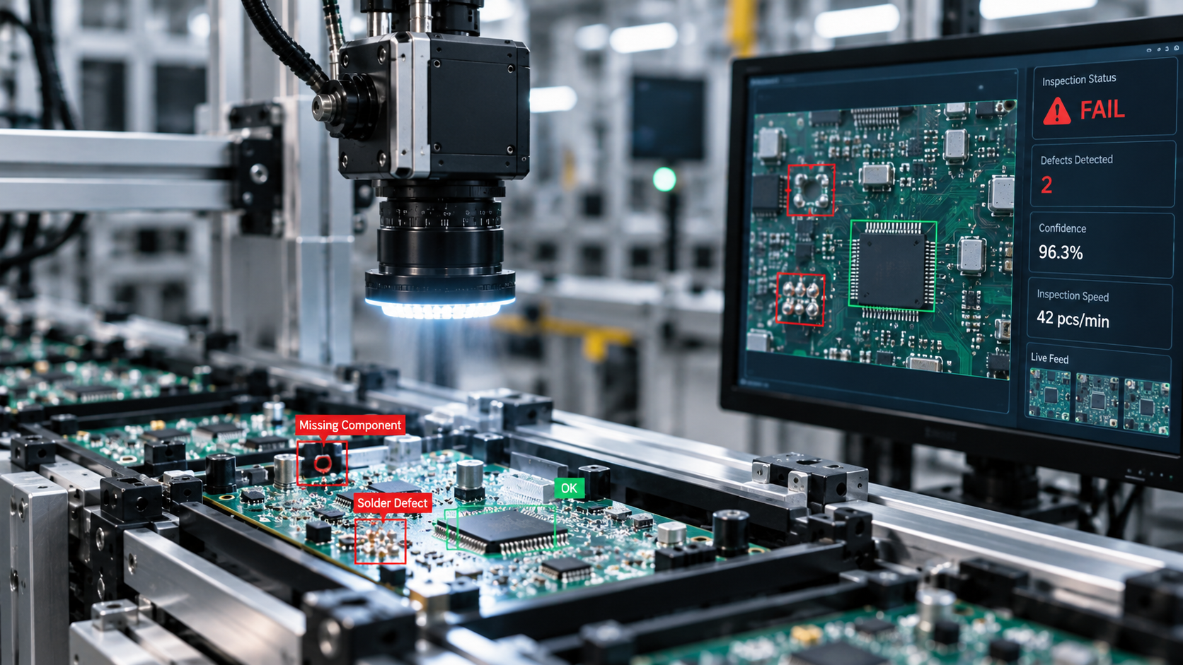 Industrial camera inspecting circuit boards with quality results on a monitor