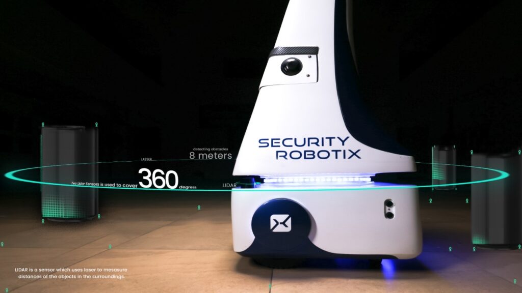 Greenbotz autonomous security robot with 360-degree LiDAR sensors detecting obstacles up to 8 meters for facility surveillance