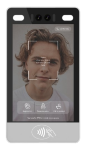 Smart home intercom device with facial recognition interface displaying a person's face for identity verification, including options for registration, passcode entry, resident call, and RFID access.