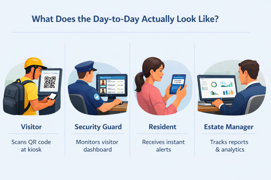 Visitor management system workflow showing visitor check-in, security monitoring, resident alerts, and estate manager dashboard in a Singapore condominium