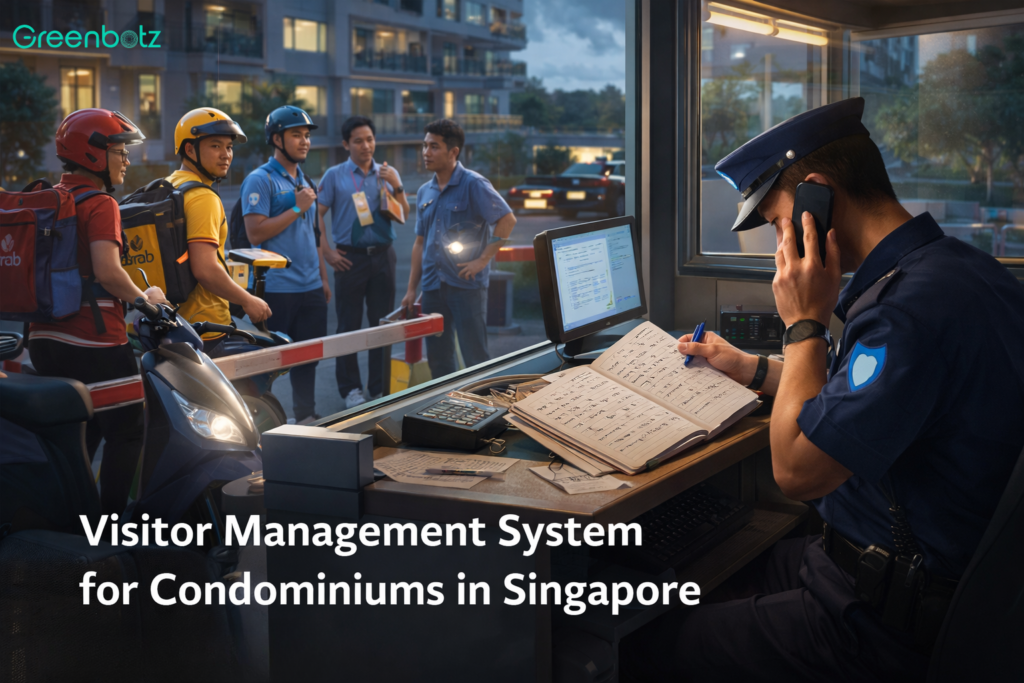 Busy condominium guardhouse in Singapore with security guard using paper logbook and delivery riders waiting at entrance