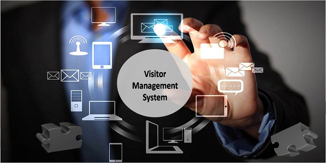 Conceptual graphic of a visitor management system showing a person interacting with a digital interface surrounded by icons of devices and communication tools, representing digital visitor tracking and integration.