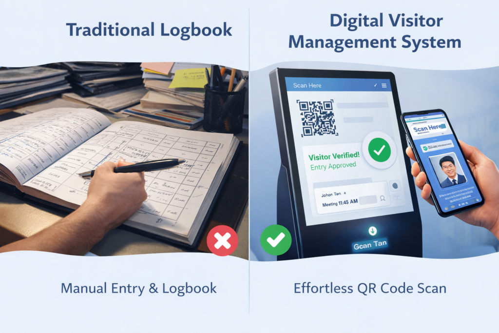 Traditional paper visitor logbook vs digital visitor management system with QR code check-in in Singapore condominium