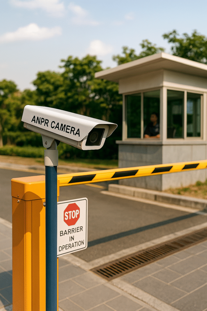 ANPR license plate recognition camera installed at condominium entrance gate with security barrier and guardhouse in the background.