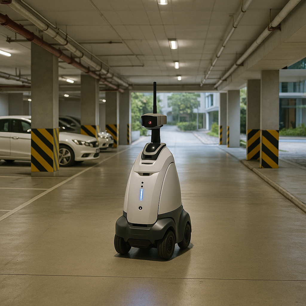 Autonomous patrolling security robot monitoring a residential condominium basement car park for safety and incident detection.