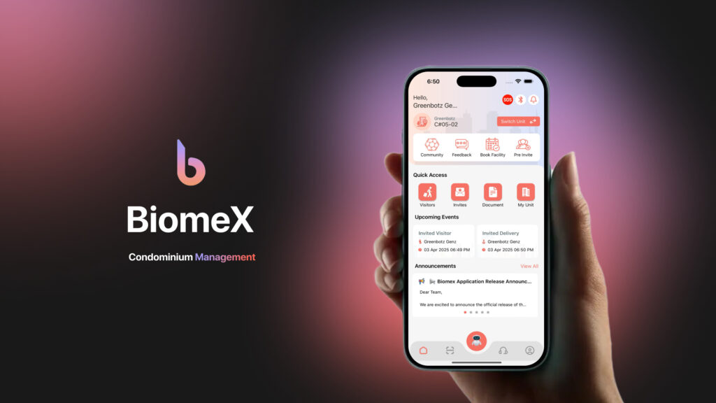 BiomeX condominium management mobile app interface showing resident services, announcements, bookings, and security features on smartphone.