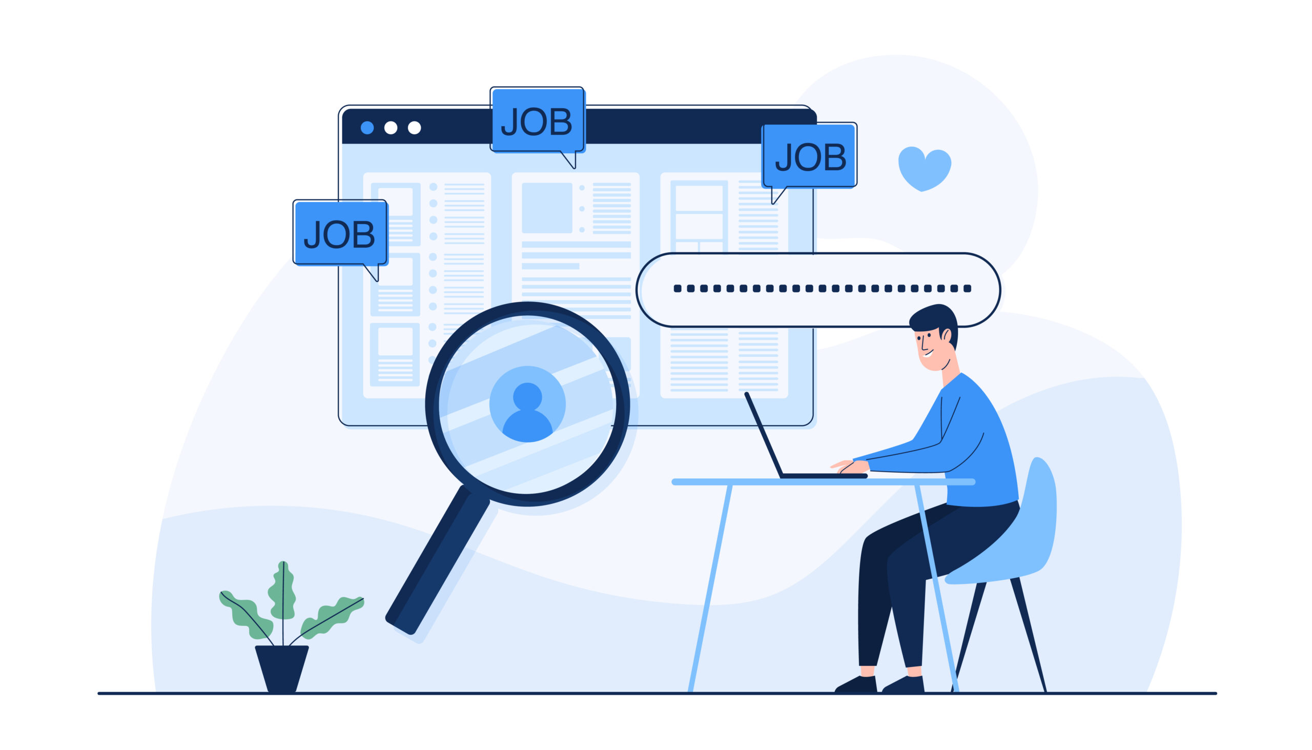 Man search for hiring job online from laptop. Human resources management concept, searching professional staff. Vector illutration flat style