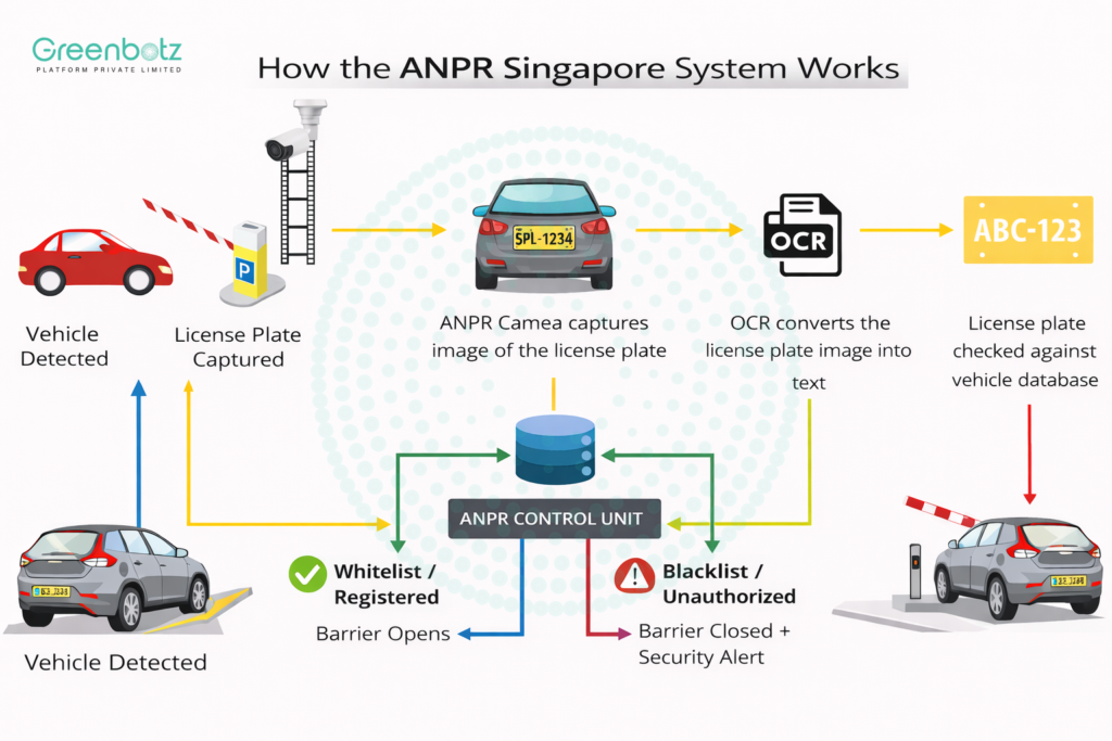 Greenbotz ANPR Singapore system workflow showing vehicle detection, license plate capture, OCR recognition, database verification and automatic barrier gate control