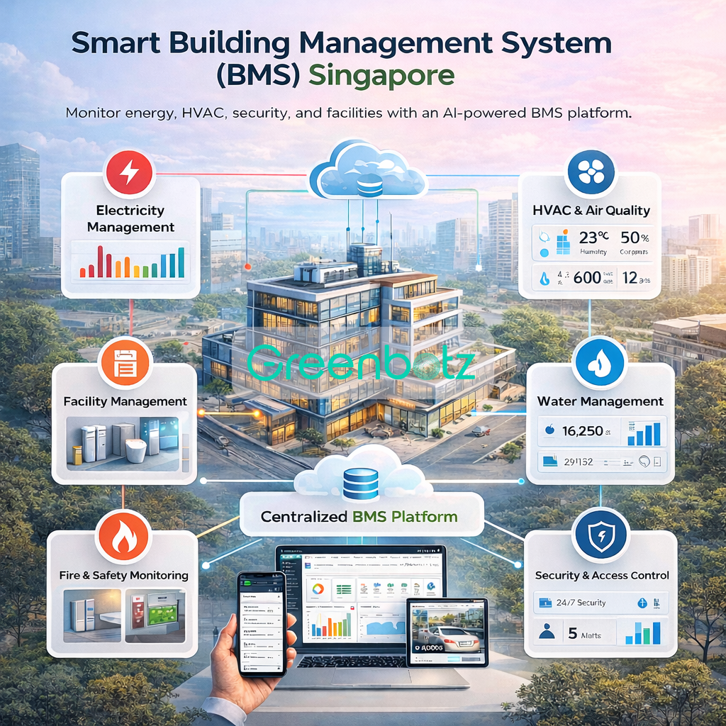 Building Management System Singapore infographic showing smart building ecosystem including electricity monitoring, HVAC monitoring, water management, facility management and security access control.