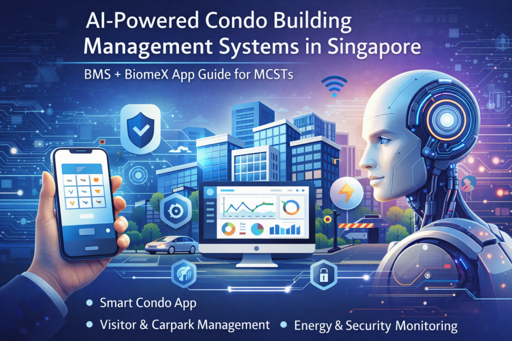 AI-powered condo building management system in Singapore integrating BMS and BiomeX smart condo app for MCST management, energy monitoring, security, visitor, and carpark management.