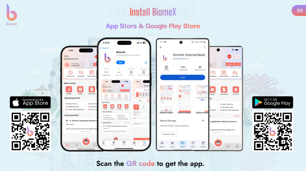 BiomeX condo resident app interface with visitor management and facility booking system Smart condominium management app dashboard for MCST and residents BiomeX estate management app features including visitor access and community updates Condominium management system mobile dashboard for Singapore smart estates