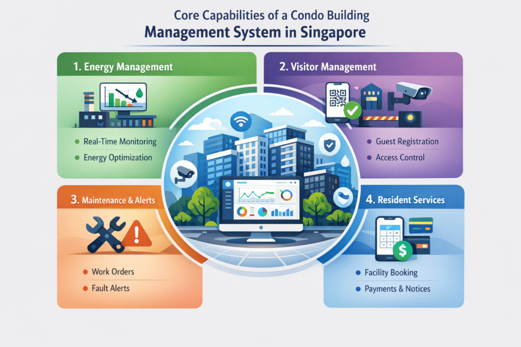 Core capabilities of a condo building management system in Singapore including energy management, visitor management, maintenance alerts, and resident services integrated through a smart BMS dashboard